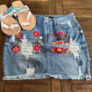Embroidered Denim Skirt with Floral Accents NEW - NO TAGS